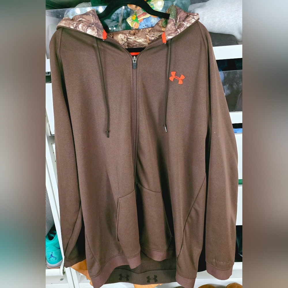 Under Armour 2XL Brown Coldgear Hoodie with Orange And Camo Logo